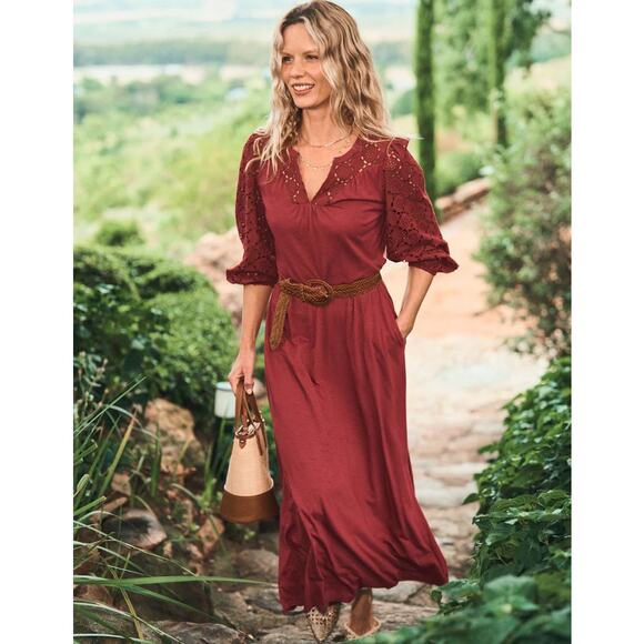 Boden Dresses & Skirts - Boden Eden Broderie Jersey Puff Sleeve Midi Dress Garnet Red Women's Size 8P